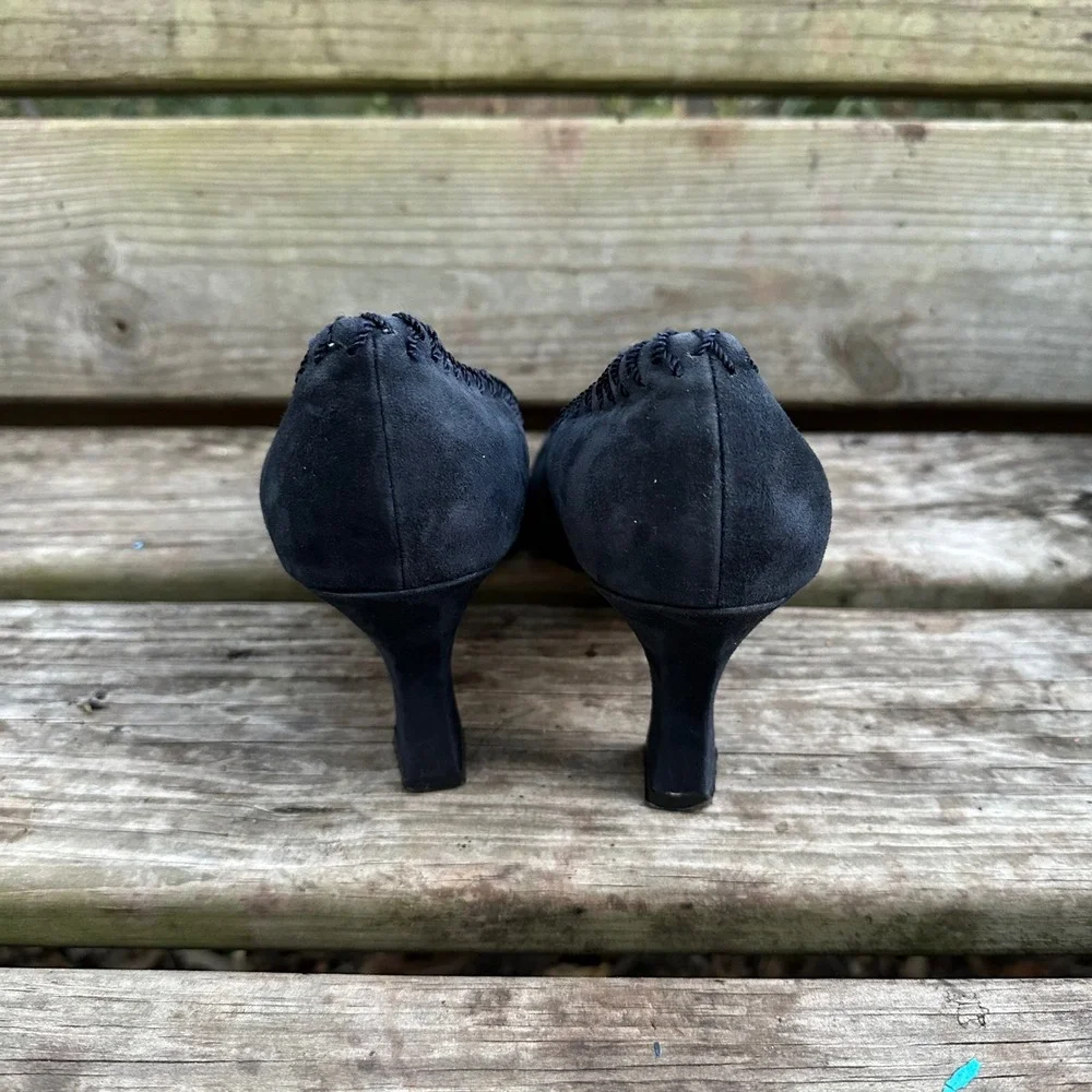 Vintage Amanda Smith Marilyn Kid Suede Pumps Pointed Toe Heels Navy Blue‎ Sz 9.5